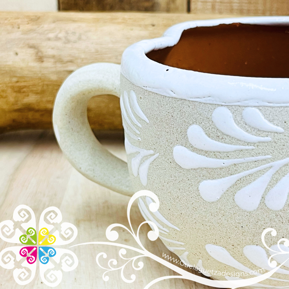 Set of 4 Medium Engobe / White Corazon Clay Mugs - Set Taza Barro