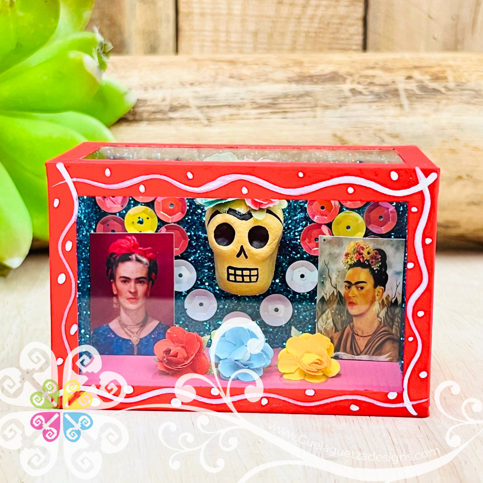 Red Mini Square Frida Mexican Box Decor - Cajita Decorativa Barro Cocido