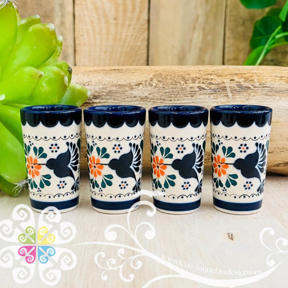 Navy Blue / Orange Flower Tequilero Colibri - Barro Alta Temperatura - Clay Shot