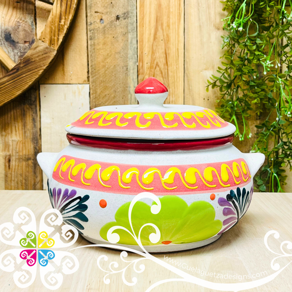 Cazuela Engobe Decorada de Barro con Tapa - Mexican Kitchen