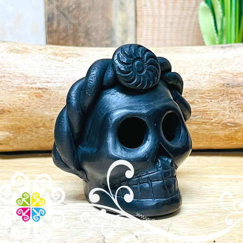 Small Frida Black Clay Skull  - Barro Negro Oaxaca
