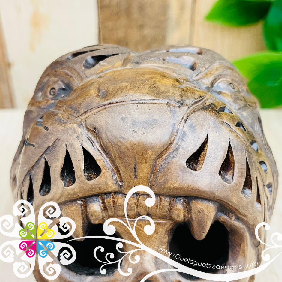 Medium Jaguar Warrior Skull Calado Skull - Barro Café Oaxaca
