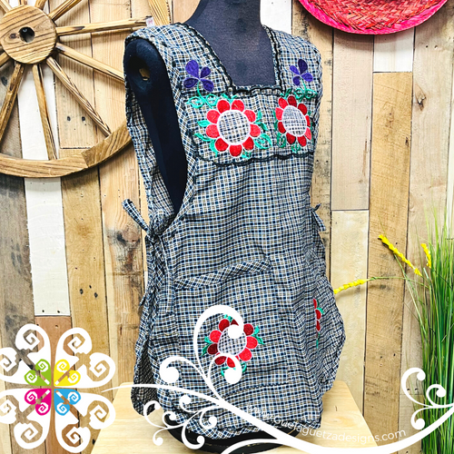 Navy Blue with Red Sunflowers Escapulario Embroider Apron - Mandil Artesanal