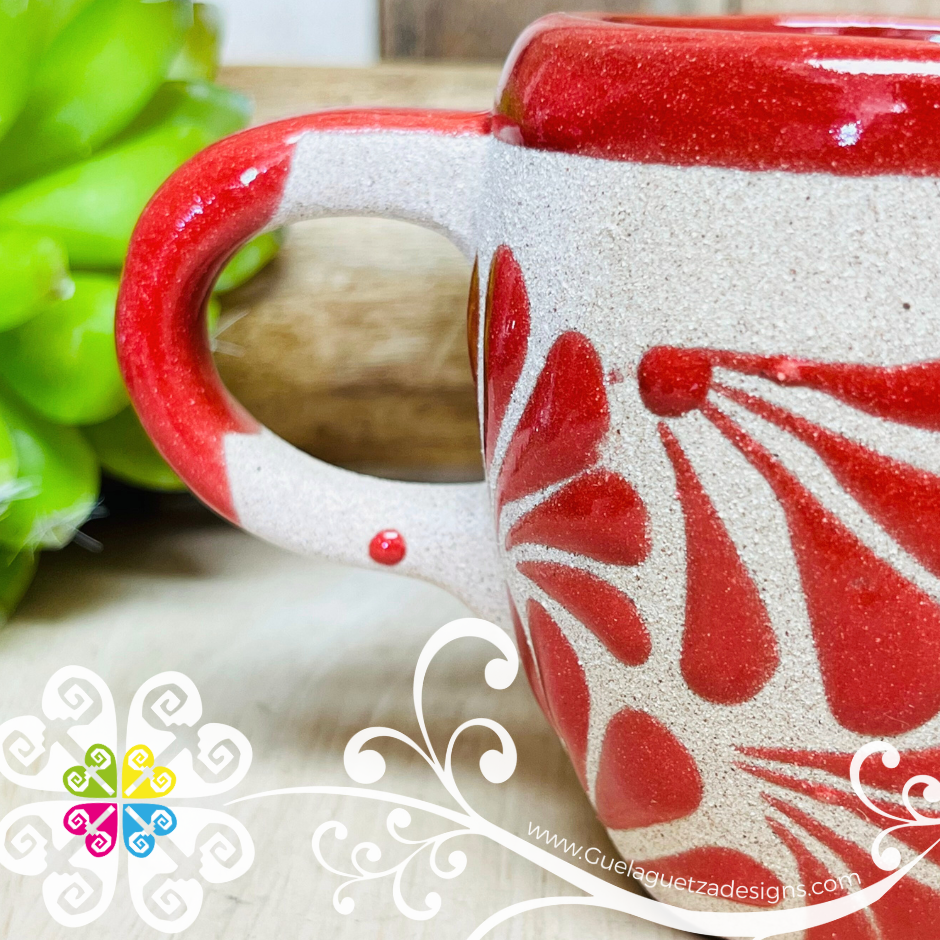 Set of 4 Red Corazon Clay Mugs - Set Taza Barro