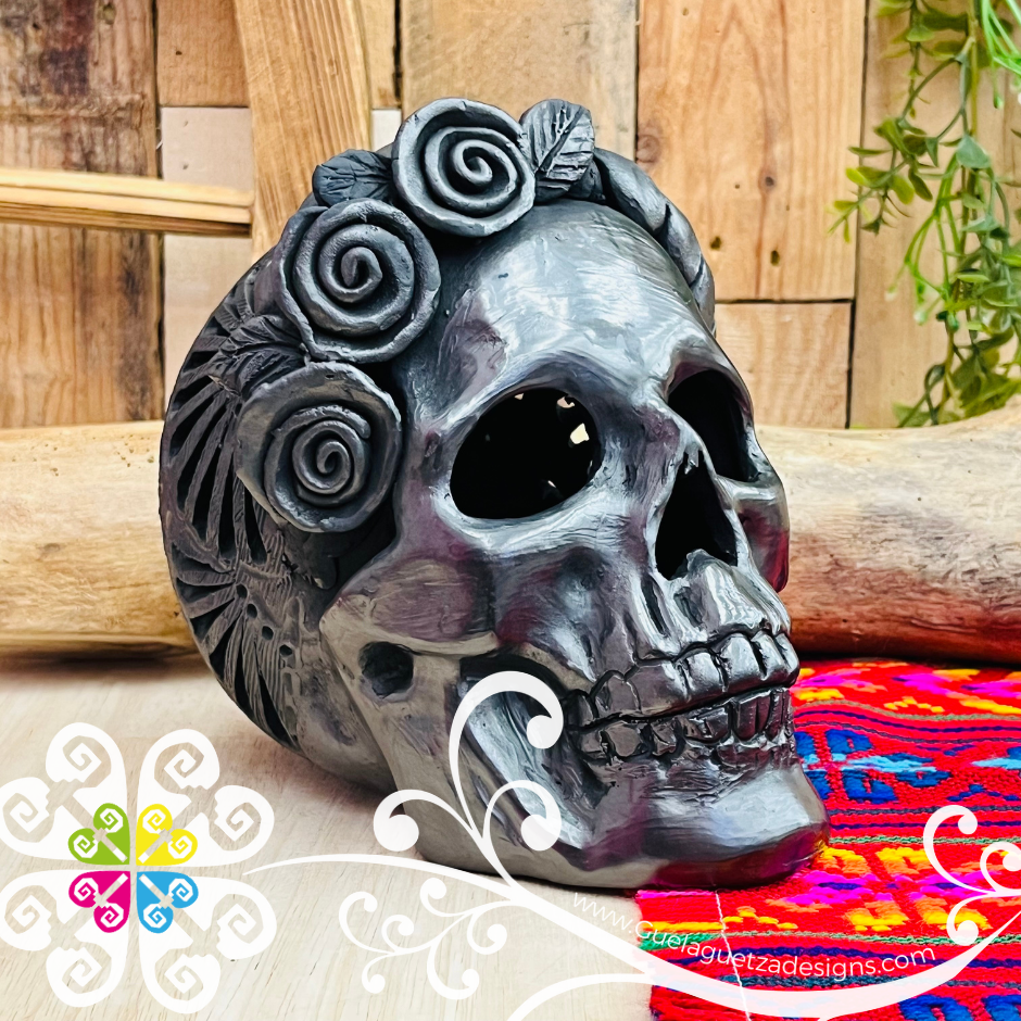 Large Frida Skull - Black Clay Oaxaca