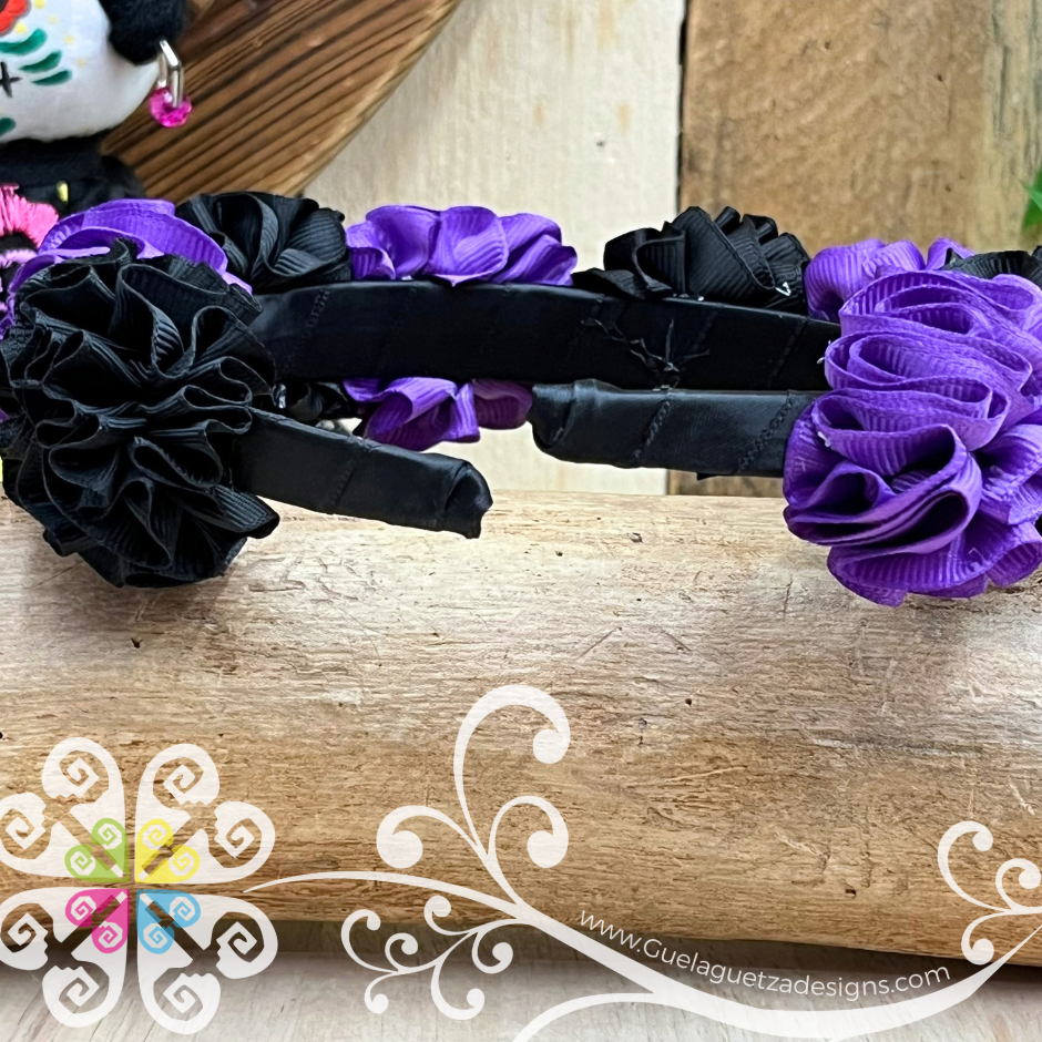 Purple/Black Catrina Ribbon Flower Headband - Folkloric Headband
