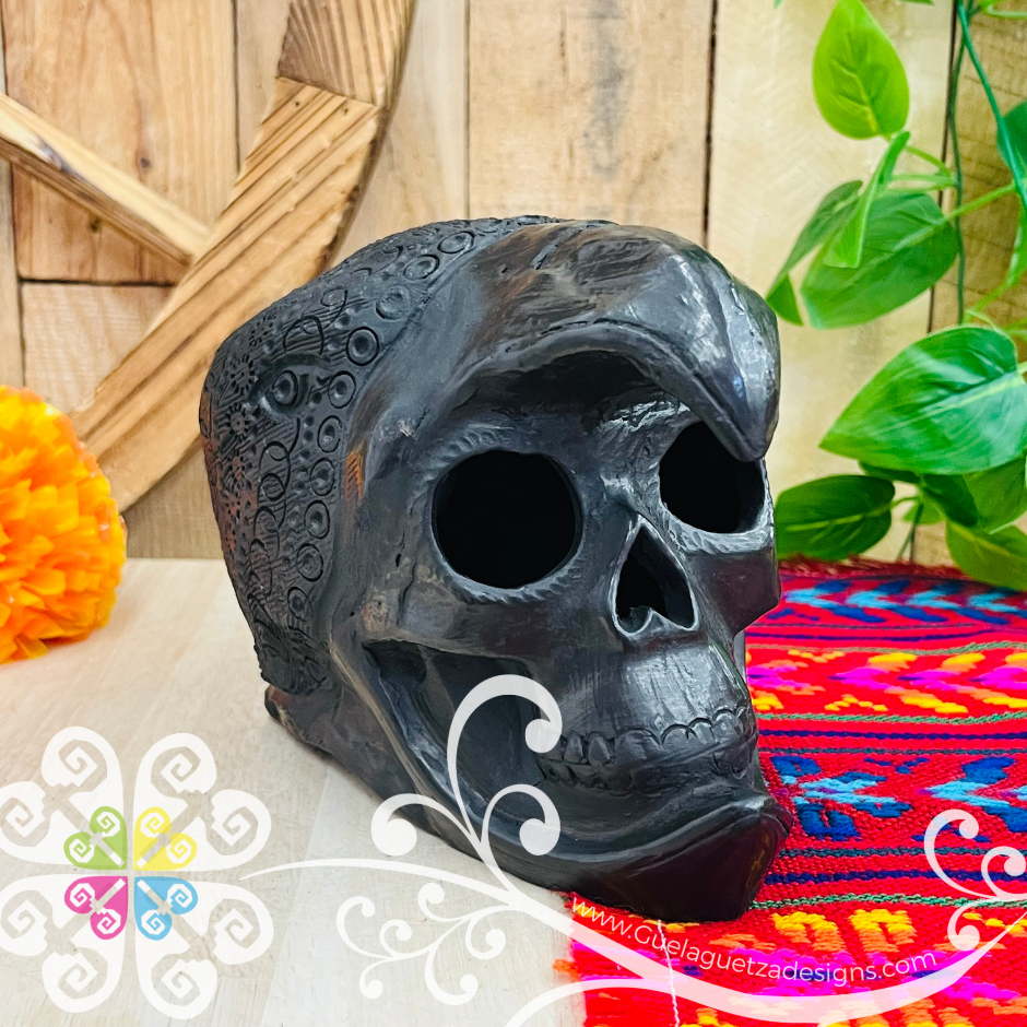 Large Eagle Warrior Skull - Black Clay Oaxaca