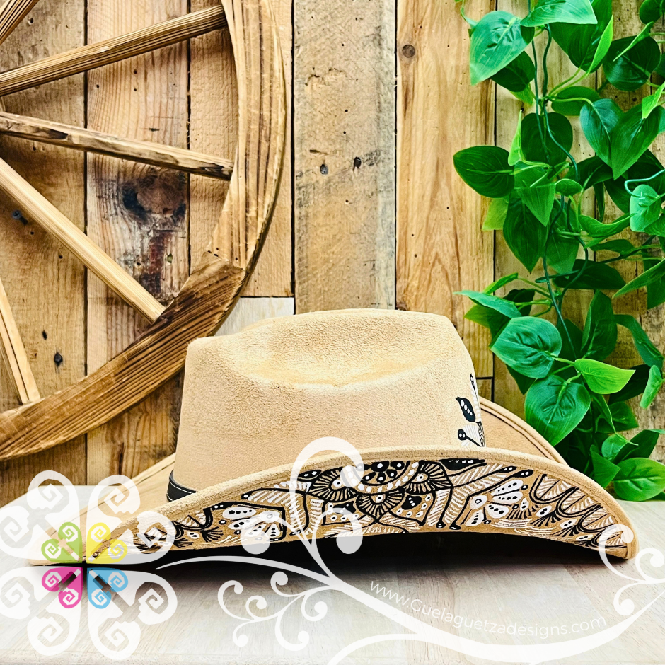 Tan Mitla Cowboy Velvet Hat - Hand Painted Hat