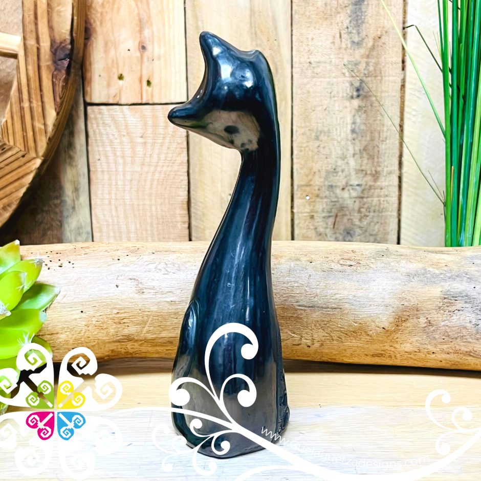 Medium Long Neck Cat Black Clay Figure - Barro Negro Oaxaca