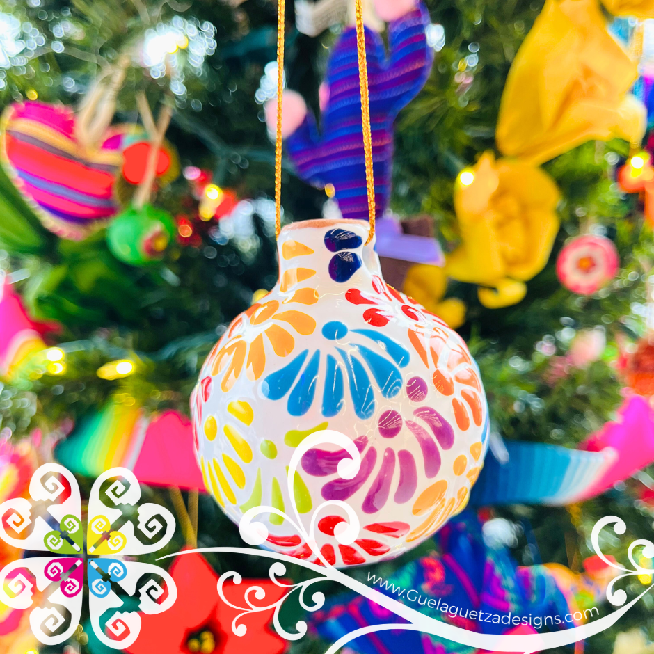 White With Multi Puebla Ornaments - Talavera Christmas Ornaments