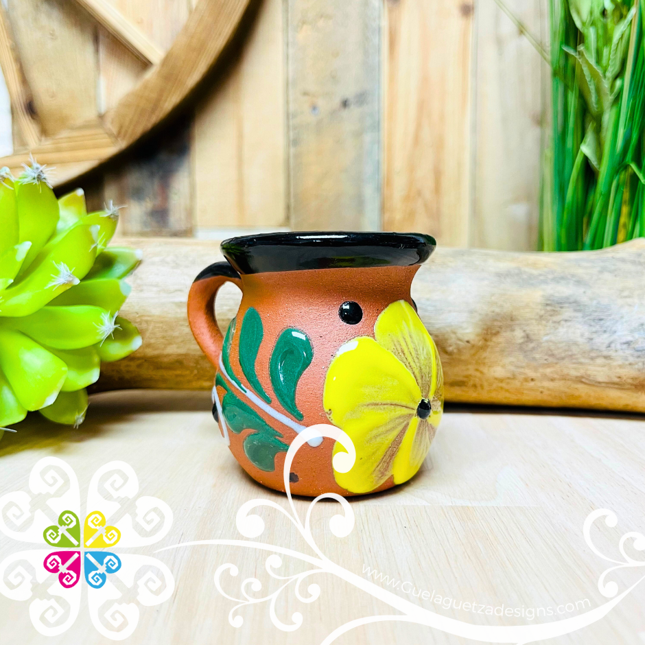 Set of 4 Small Natural Mexican Flower Clay Mugs - Set Taza Barro