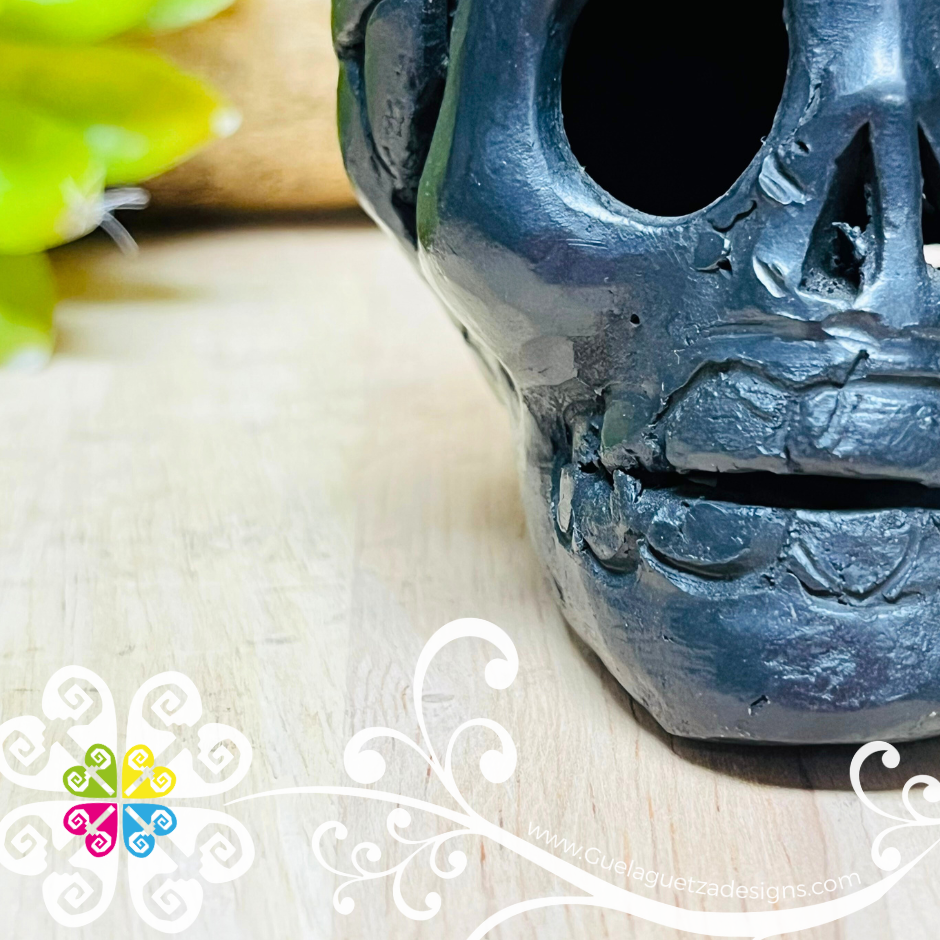 Small Frida Black Clay Skull - Barro Negro Oaxaca
