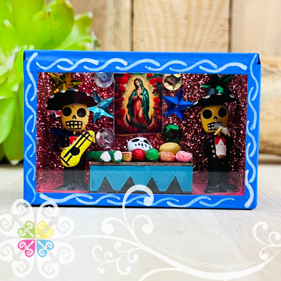 Blue Mini Square Virgen de Guadalupe Mexican Box Decor - Cajita Decorativa Barro Cocido
