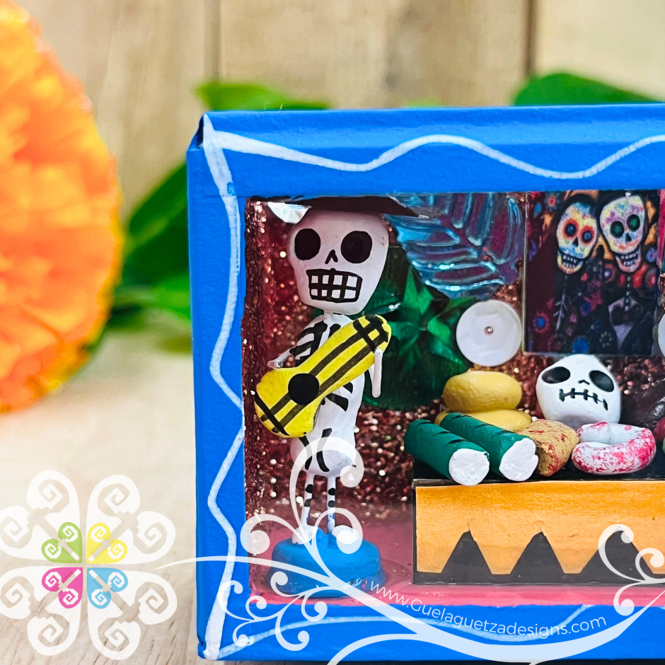 Blue Mini Square Day of Dead Mexican Box Decor - Cajita Decorativa Barro Cocido