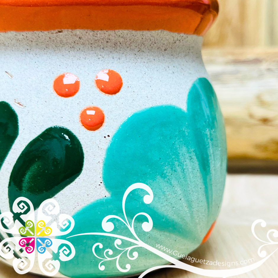 Set of 4 Medium Flor Decorated Mexican Clay Mugs - Set Taza Barro