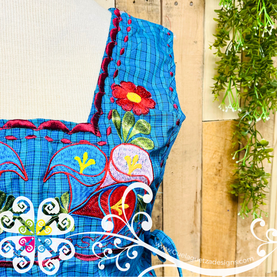 Blue Turquoise Calla Lilly Escapulario Embroider Apron - Mandil Artesanal