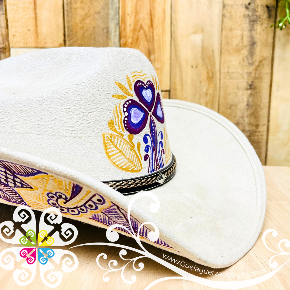 Beige Mitla Cowboy Velvet Hat - Hand Painted Hat