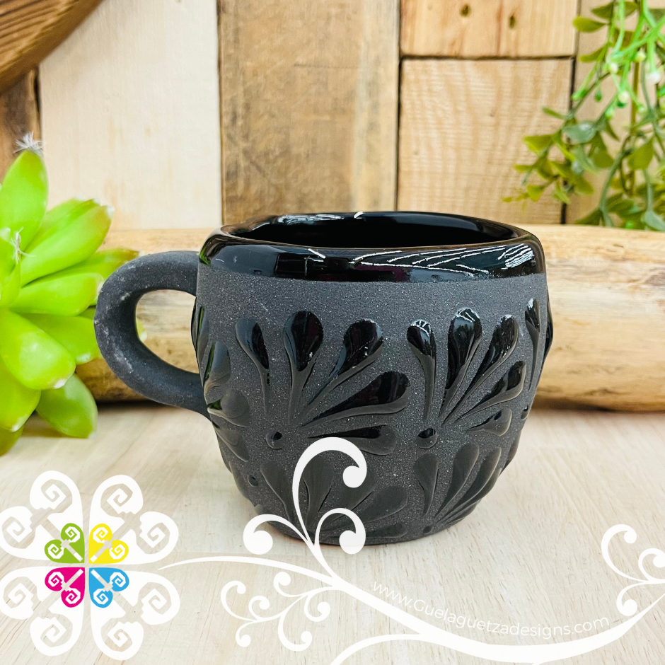 Set of 4 Black Corazon Clay Mugs - Set Taza Barro