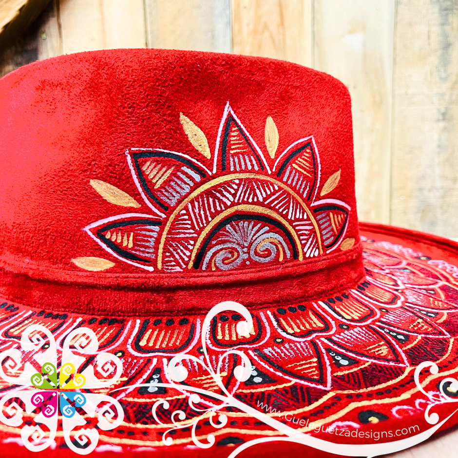 Red Rhombus Mitla Velvet Hat - Hand Painted Hat