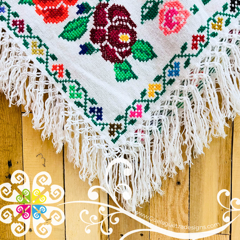 White Guadalupe Design Embroider Poncho - Mañanita