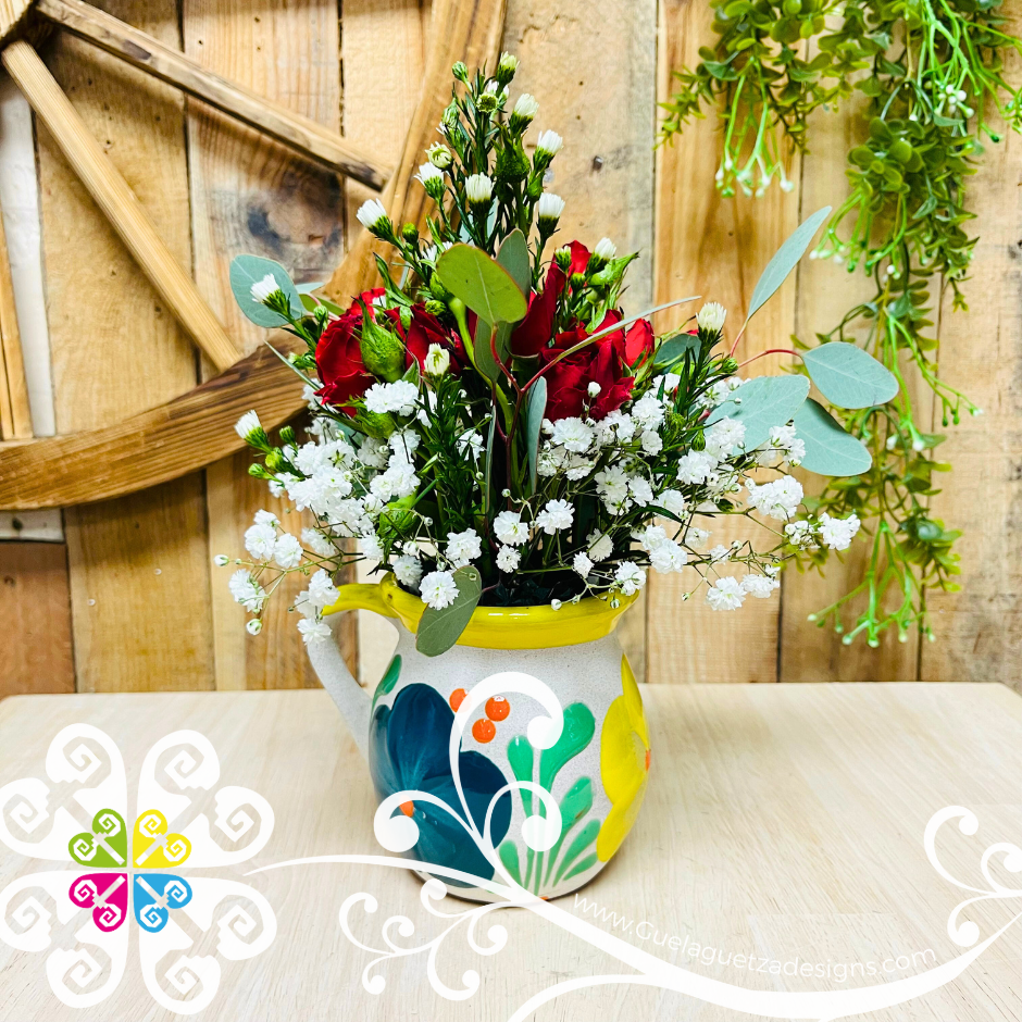 Set of 4 Flower Decorated Mexican Clay Mugs - Set Taza Barro