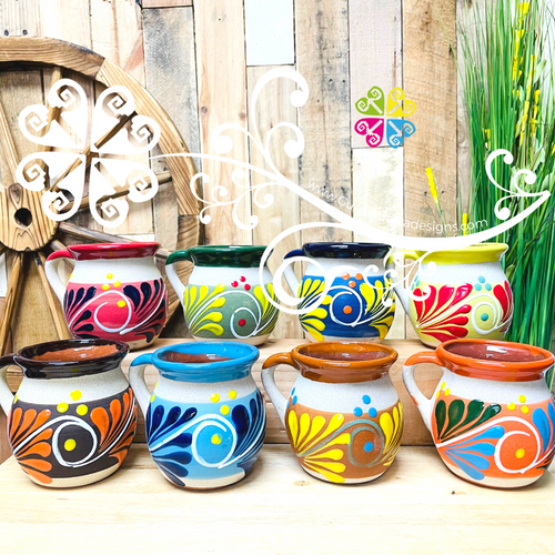 Set of 8 Feathered Decorated Mexican Clay Mugs - Jarrito Mexicano