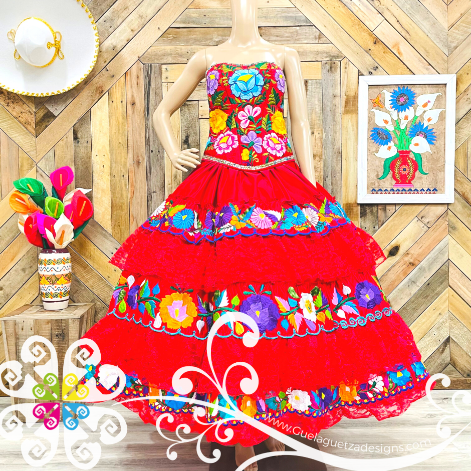 Red Quinceaera Puebla Dress - CUSTOM ORDER Guelaguetza Designs Red Quinceaera Puebla Dress - CUSTOM ORDER Guelaguetza Designs