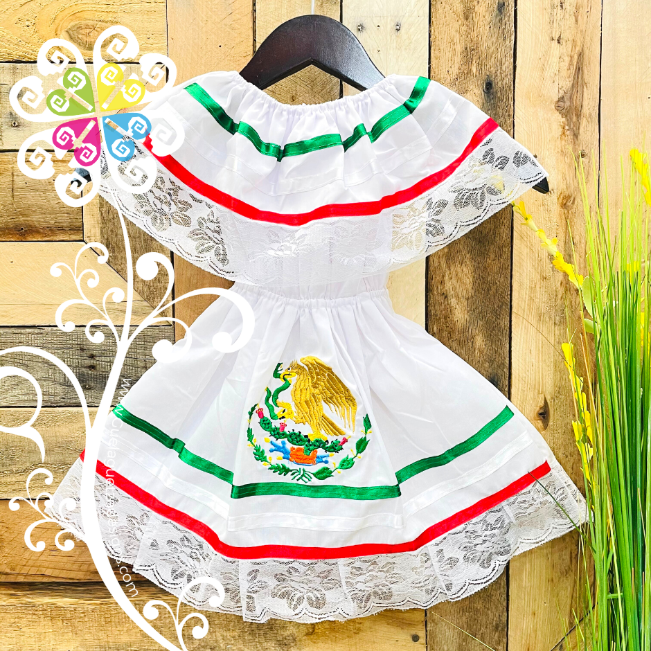 White Bandera Children Dress - Mexican Campesino Dress Guelaguetza Designs White Bandera Children Dress - Mexican Campesino Dress Guelaguetza Designs
