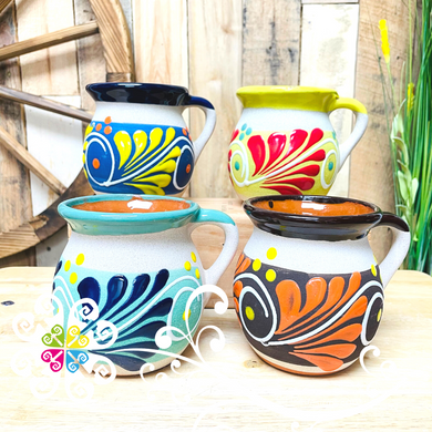 Set of 4 Feathered Decorated Mexican Clay Mugs - Jarrito Mexicano