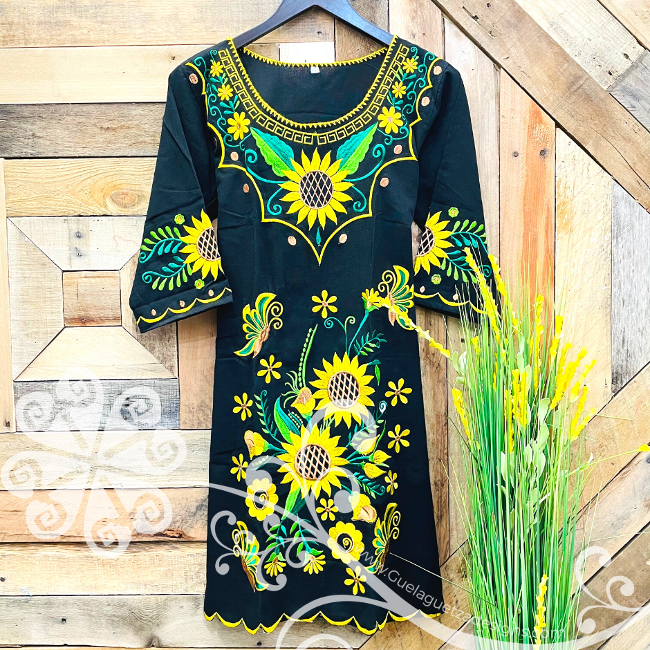 Sunflower Embroider Dress - 3/4 Sleeve Guelaguetza Designs Sunflower Embroider Dress - 3/4 Sleeve Guelaguetza Designs