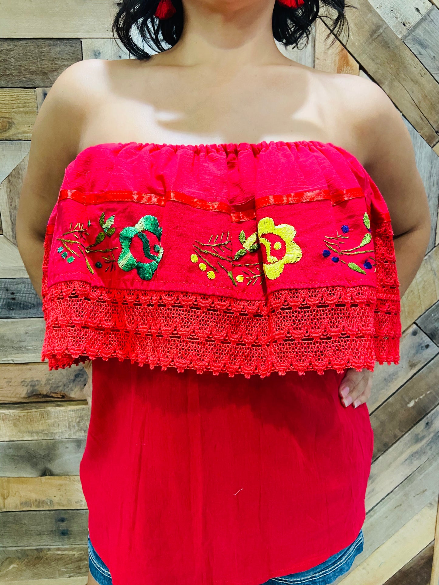 Red Campesina Embroider Women Top