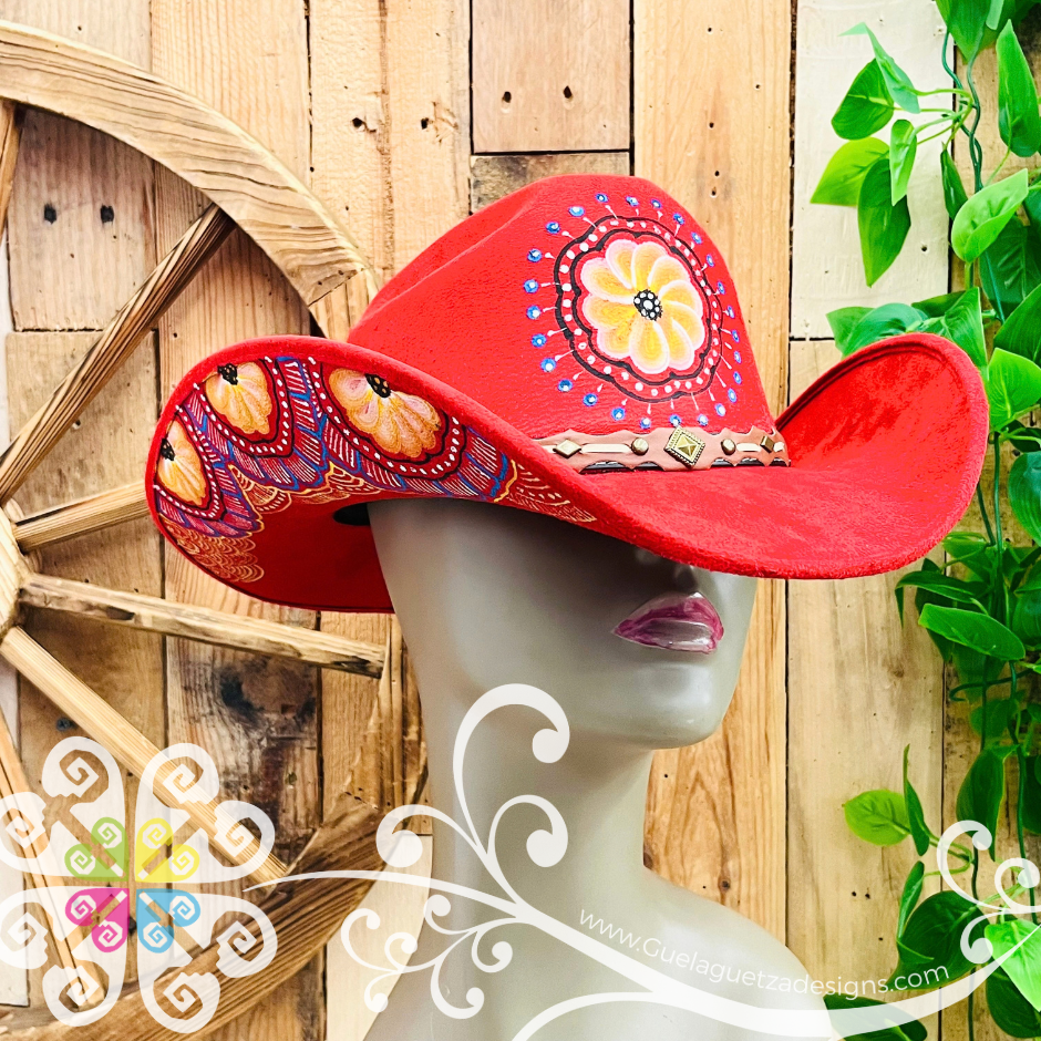 Red Mitla Cowboy Velvet Hat - Hand Painted Hat