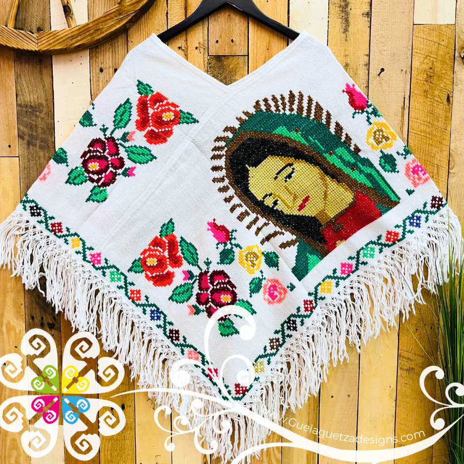 Plus Size Guadalupe Design White Embroider Poncho - Mañanita