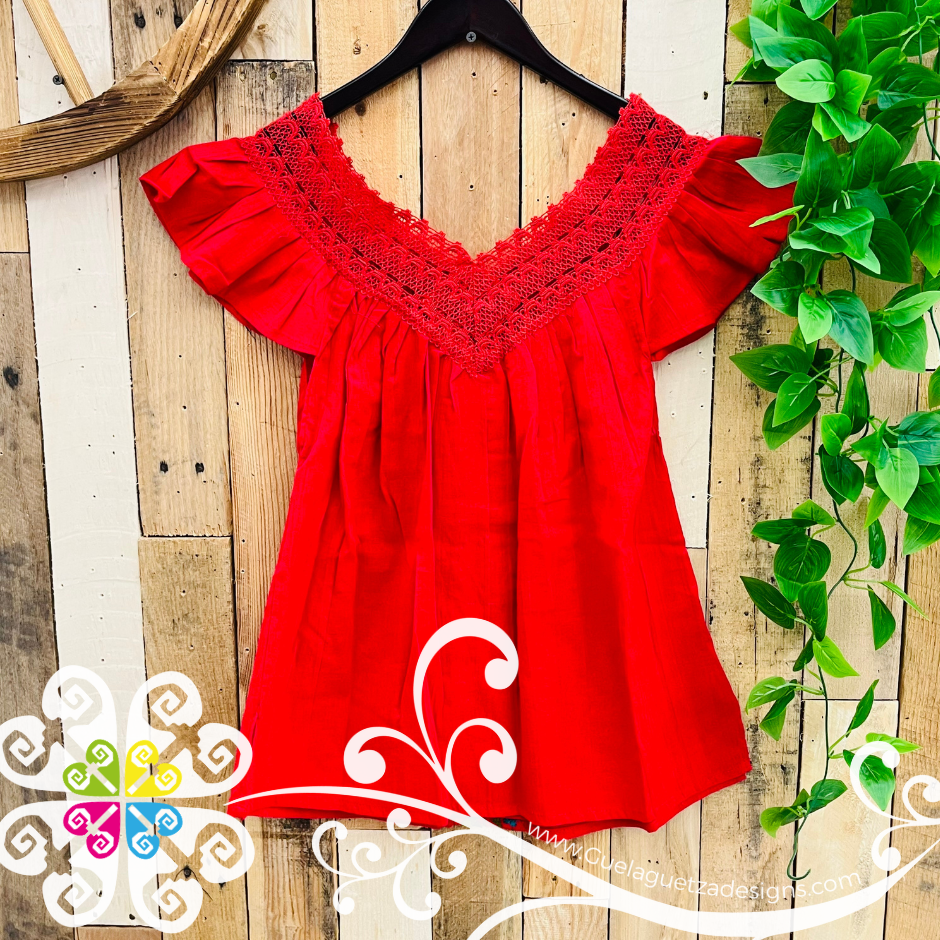 Red V Neck Top - Blusa Bordada