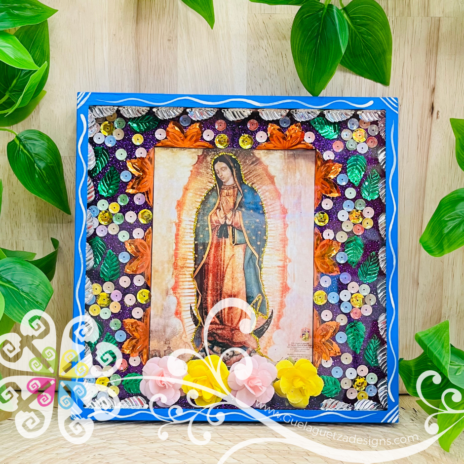 Large Blue Virgen De Guadalupe Shadow Box - Mexican Wall Decor