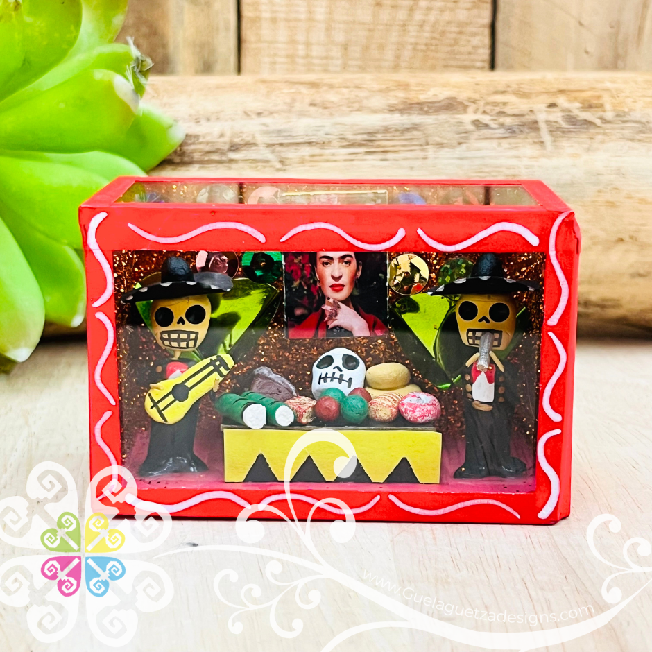 Red Mini Square Frida Mexican Box Decor - Cajita Decorativa Barro Cocido