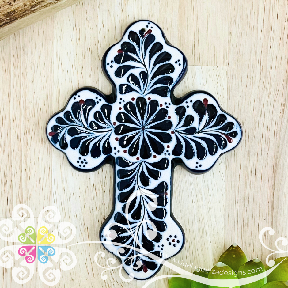 Small Navy Blue Flower Cross - Barro Alta Temperatura - Home Wall Decor