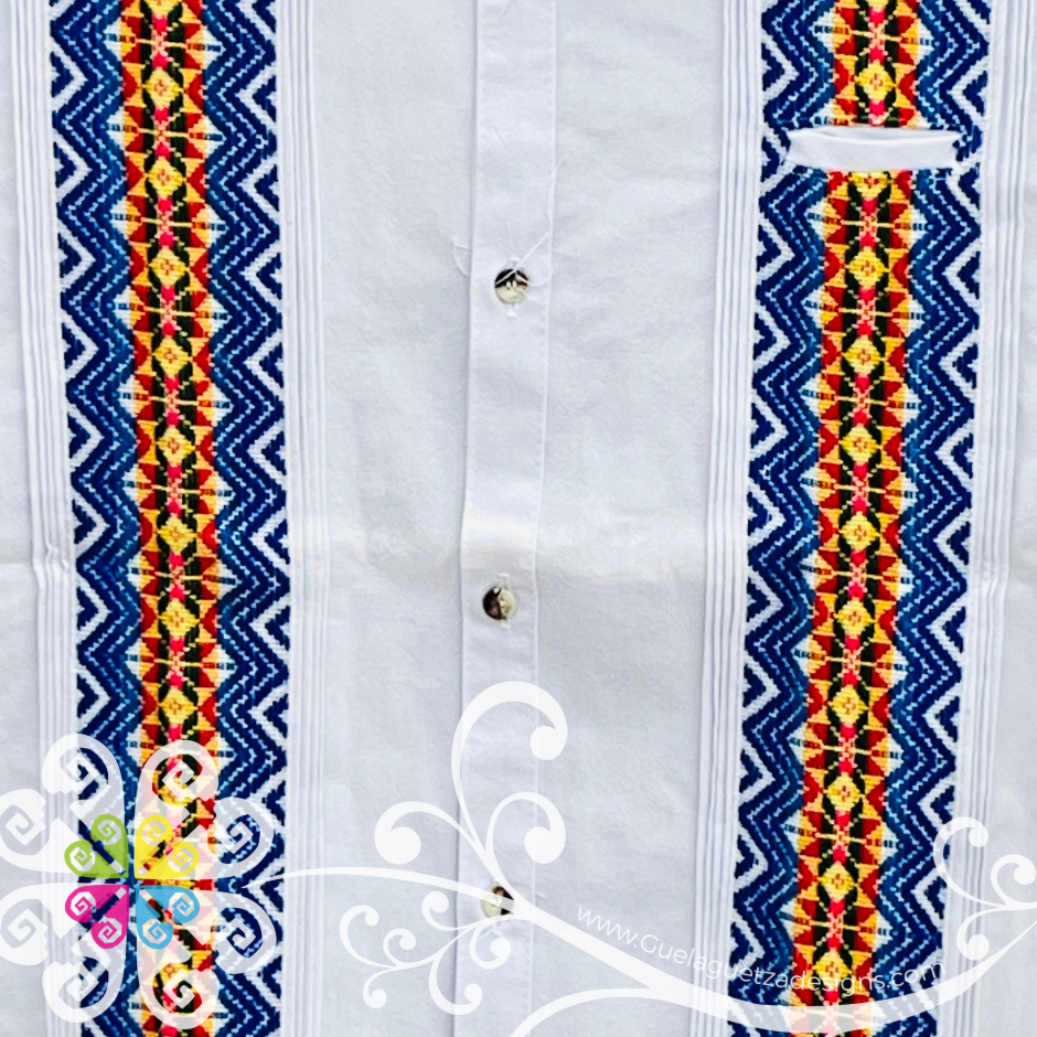 White with Blue Guayabera Michoacán - Embroider Men Shirt
