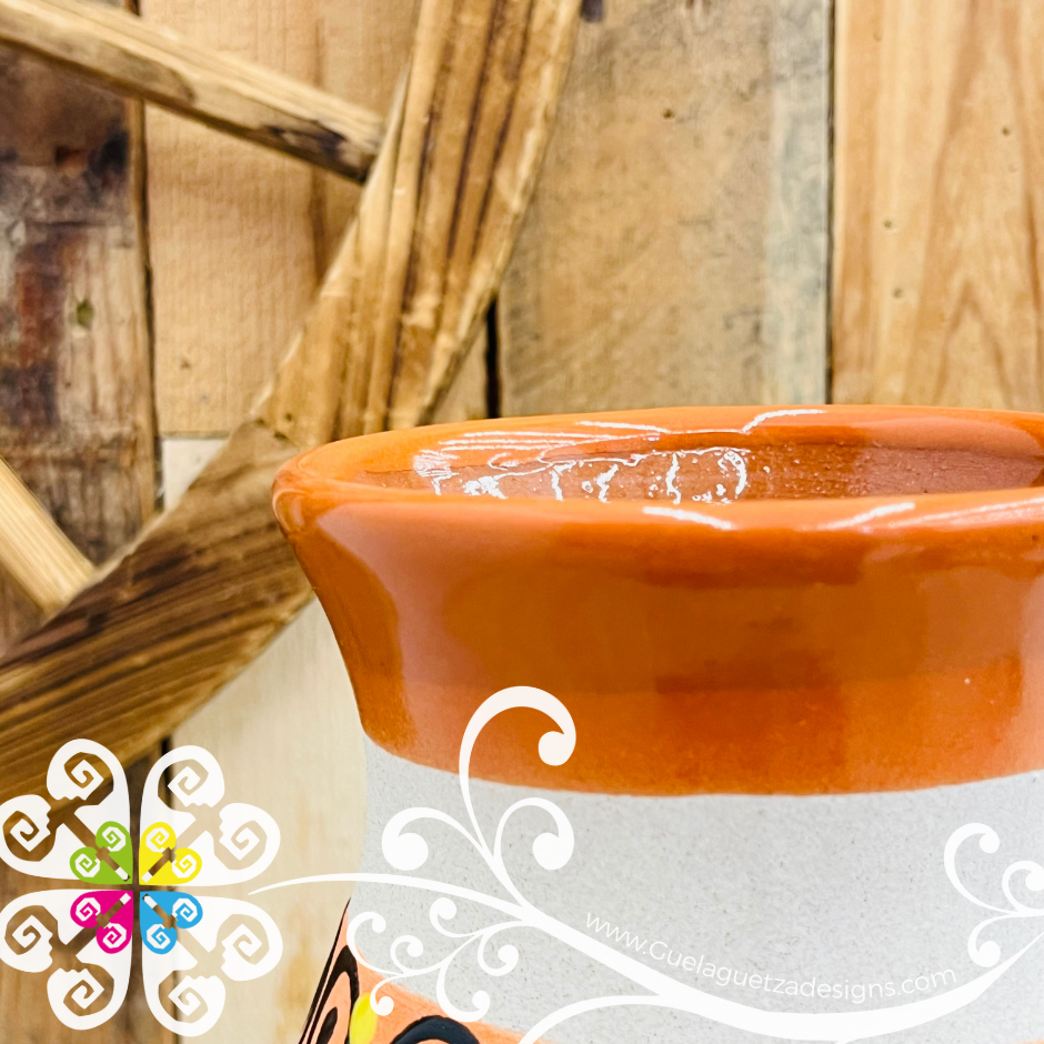 Orange Florero Ovulo Floreado - Mexican Home Décor