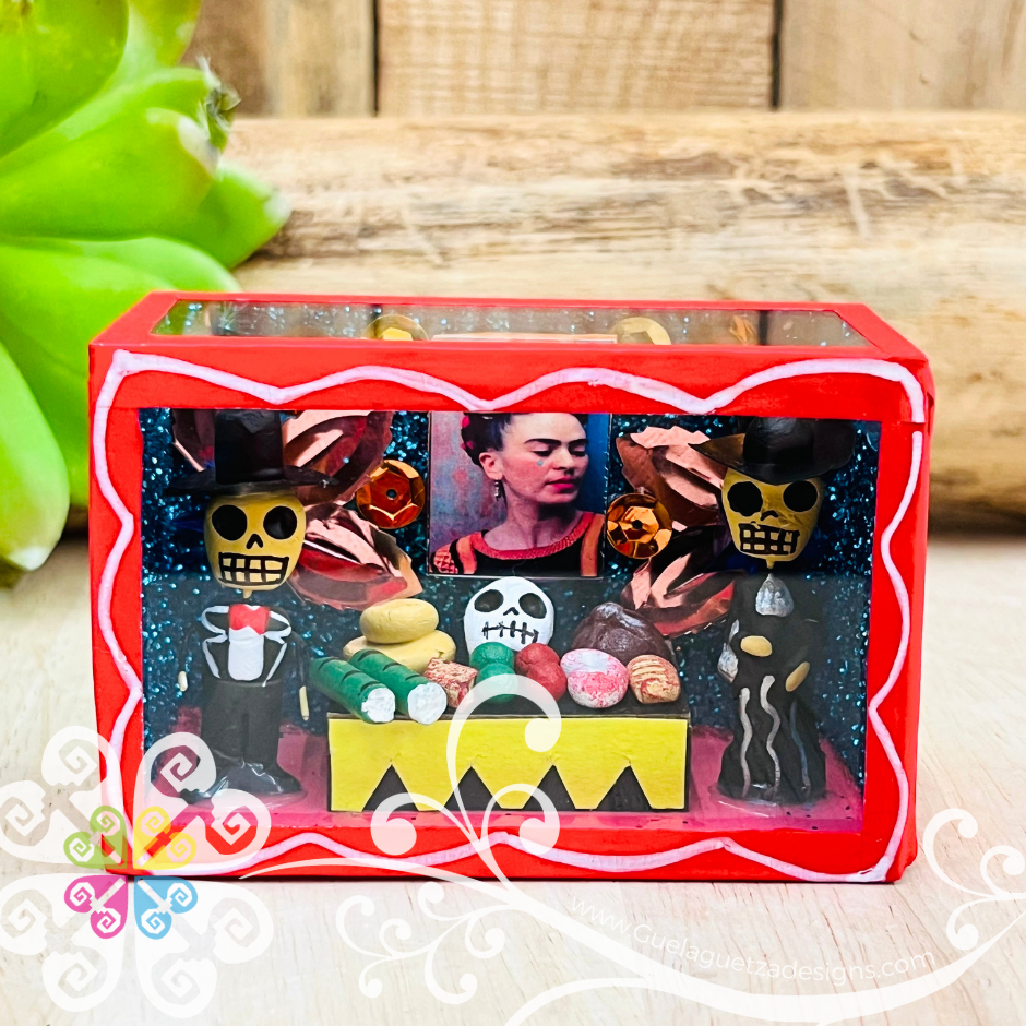 Red Mini Square Frida Mexican Box Decor - Cajita Decorativa Barro Cocido