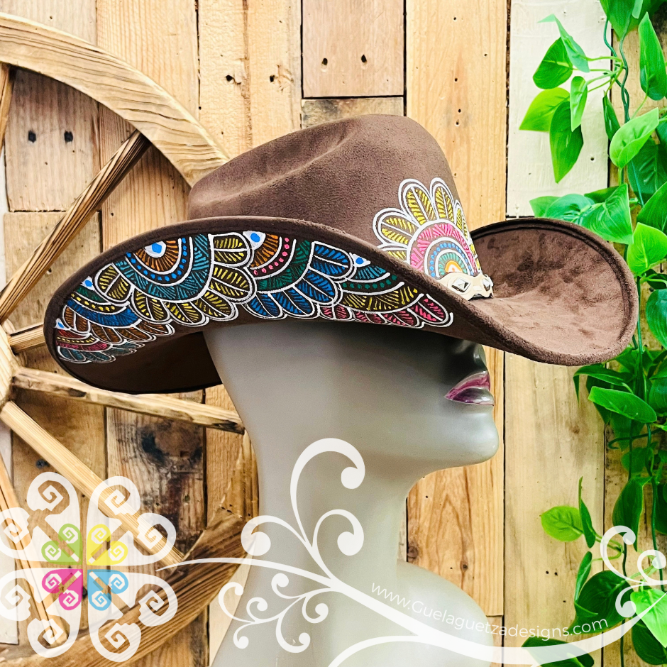 Dark Brown Mitla Cowboy Velvet Hat - Hand Painted Hat