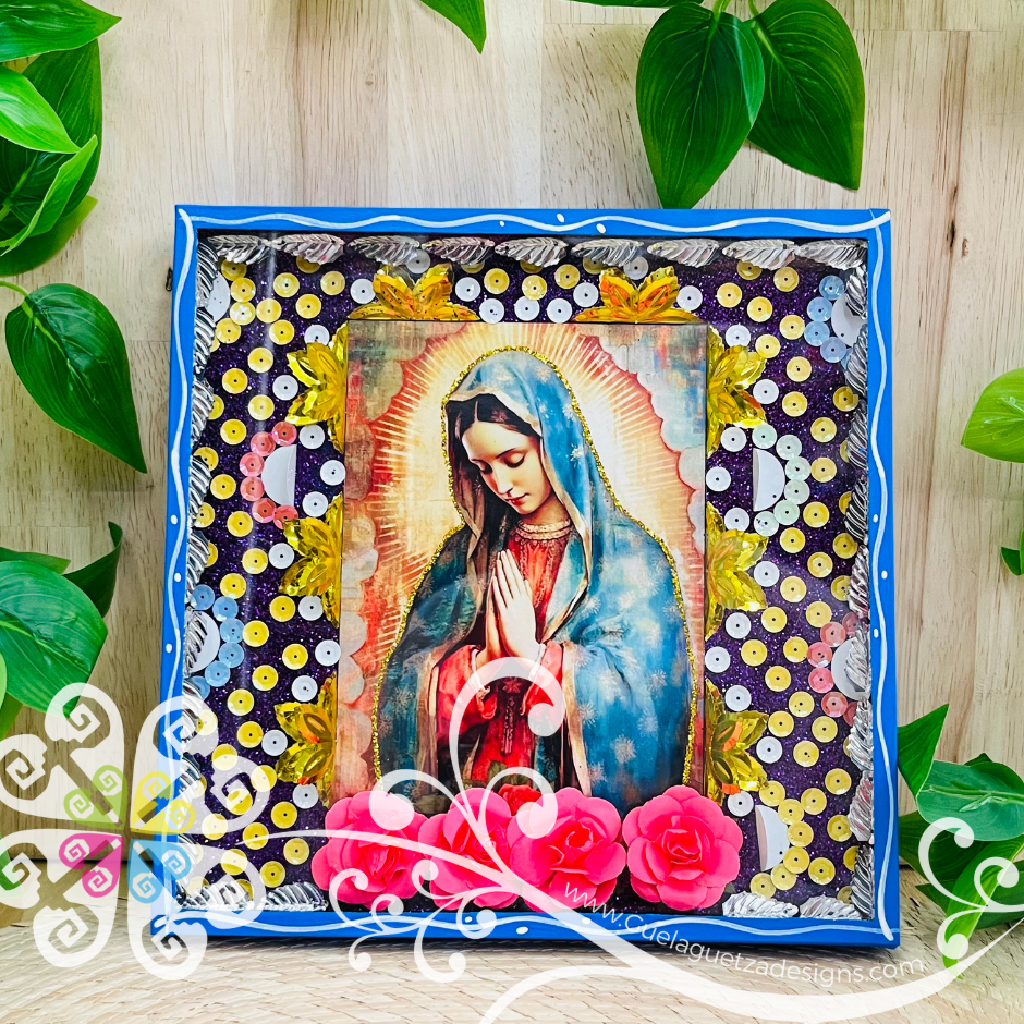 Large Blue Virgen De Guadalupe Shadow Box - Mexican Wall Decor