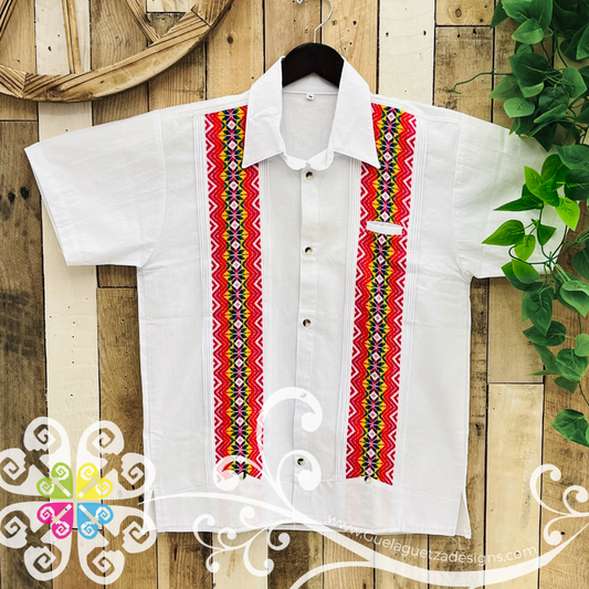 White with Red Guayabera Michoacán - Embroider Men Shirt