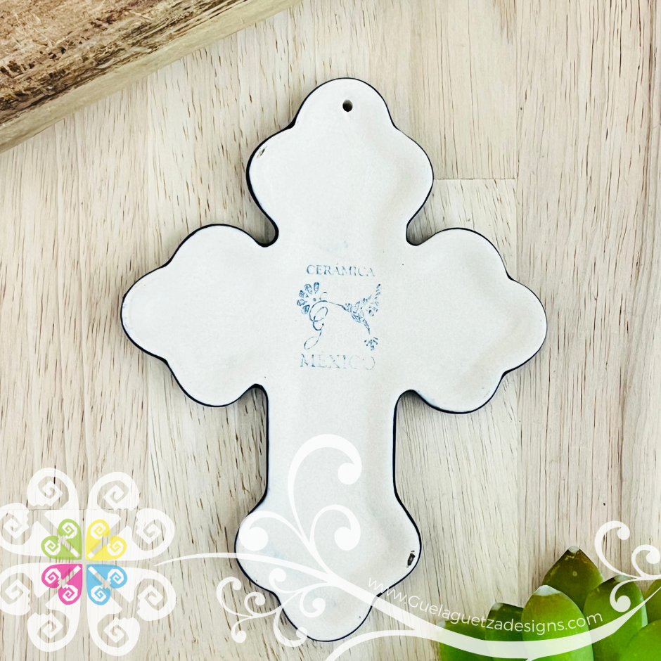 Small Navy Blue Flower Cross - Barro Alta Temperatura - Home Wall Decor