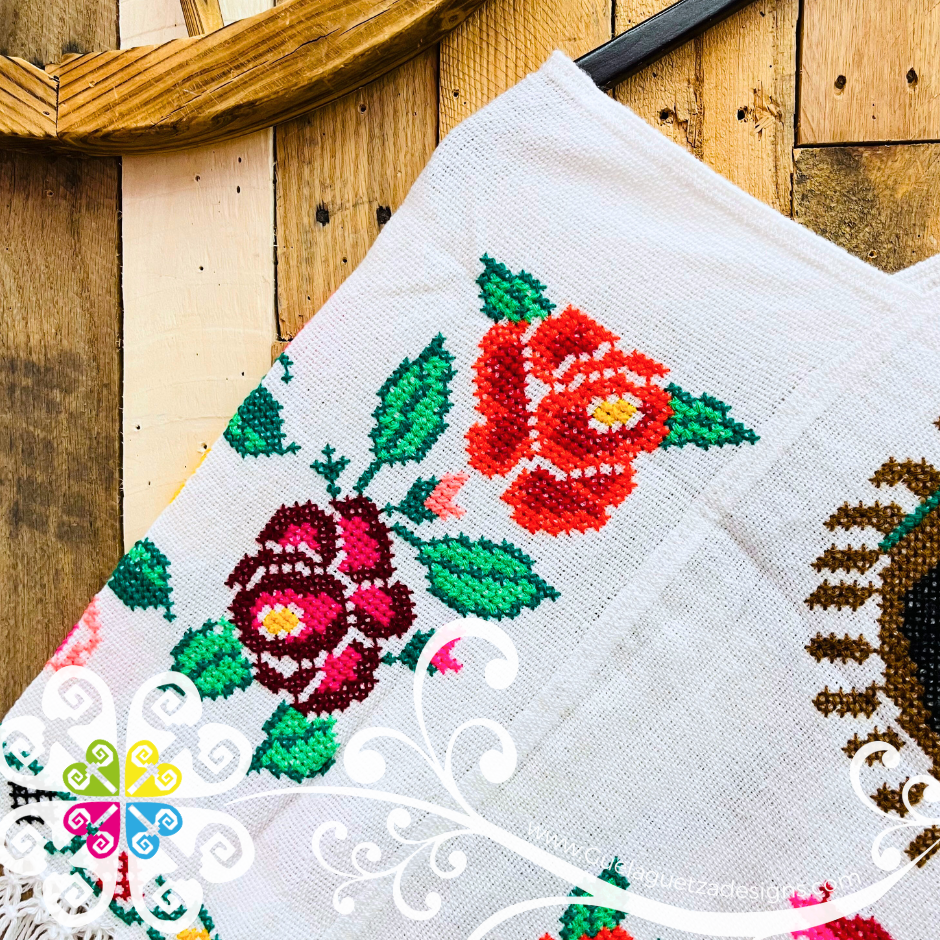 Plus Size Guadalupe Design White Embroider Poncho - Mañanita