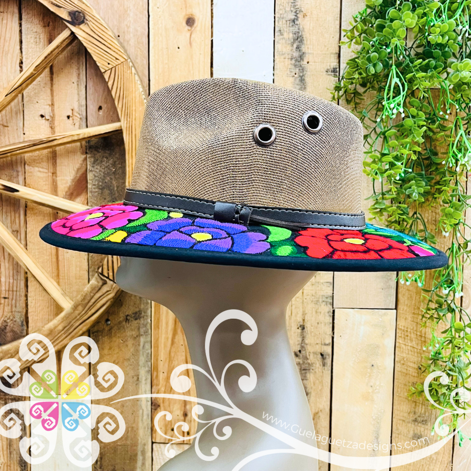 Brown With Multicolor Embroidery - Chiapas Summer Hat