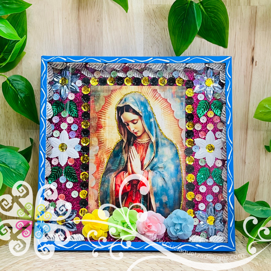 Large Blue Virgen De Guadalupe Shadow Box - Mexican Wall Decor