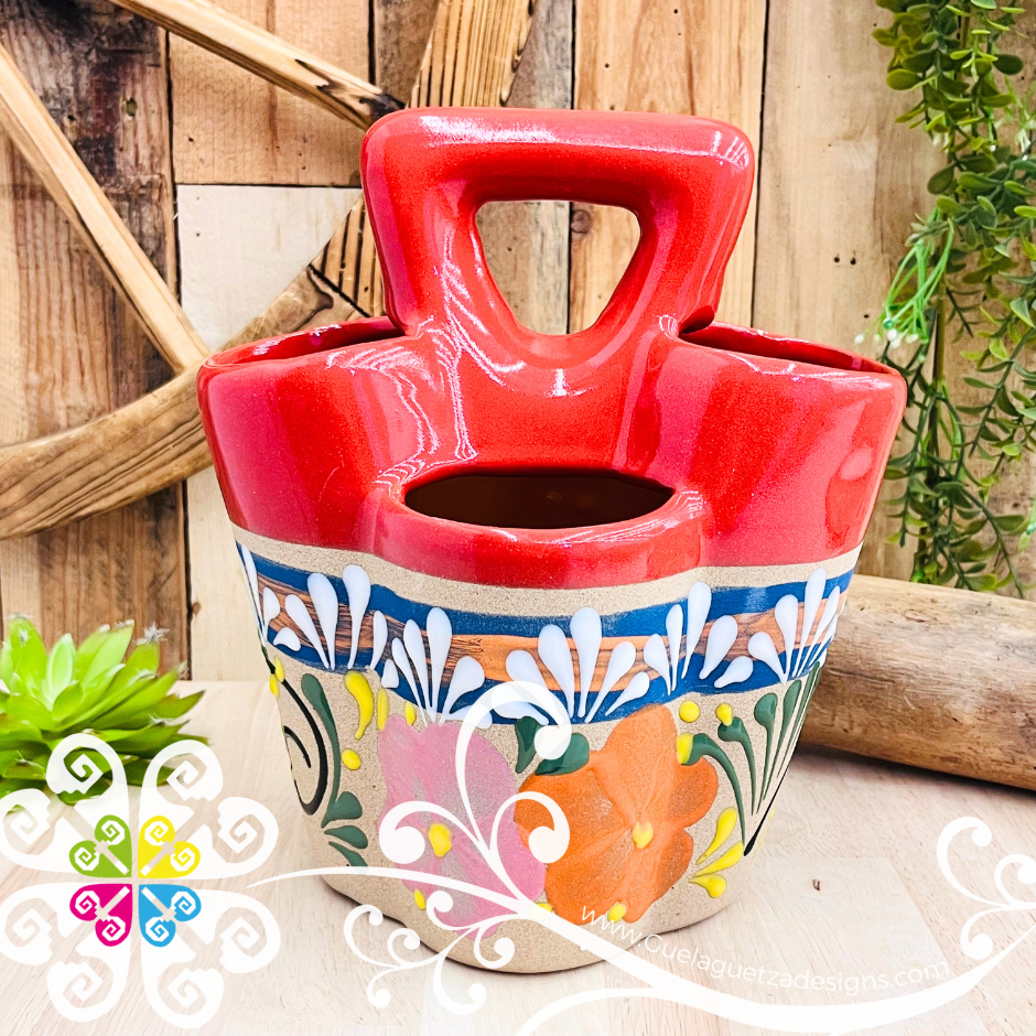 Red Flores Clay Utensil Holder - Spoon Holder