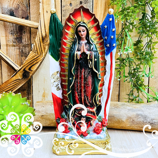 Small Virgen de Guadalupe - Binational Flag Statue - Home Decor