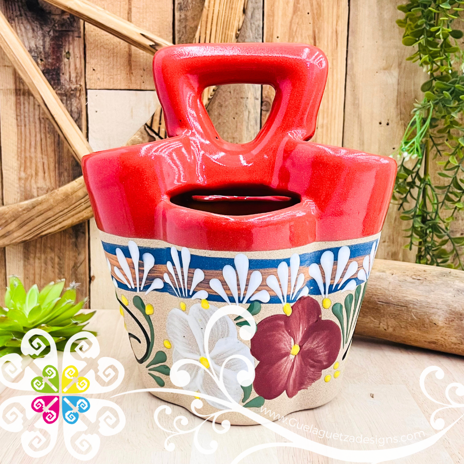 Red Flores Clay Utensil Holder - Spoon Holder